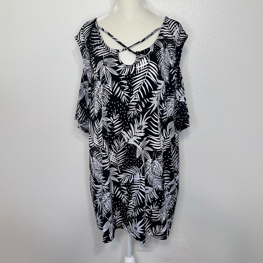 Tropical Boho Beachy Party Resort Lagenlook Cold Shoulder Top Women 2X BLK White
